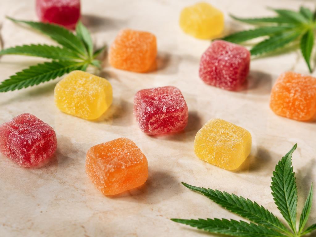 Fruit-flavoured CBD gummies with hemp leaves